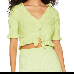 BCBGeneration lime green ribbed knit button-up sweater w/ Ruffle Hems Size M